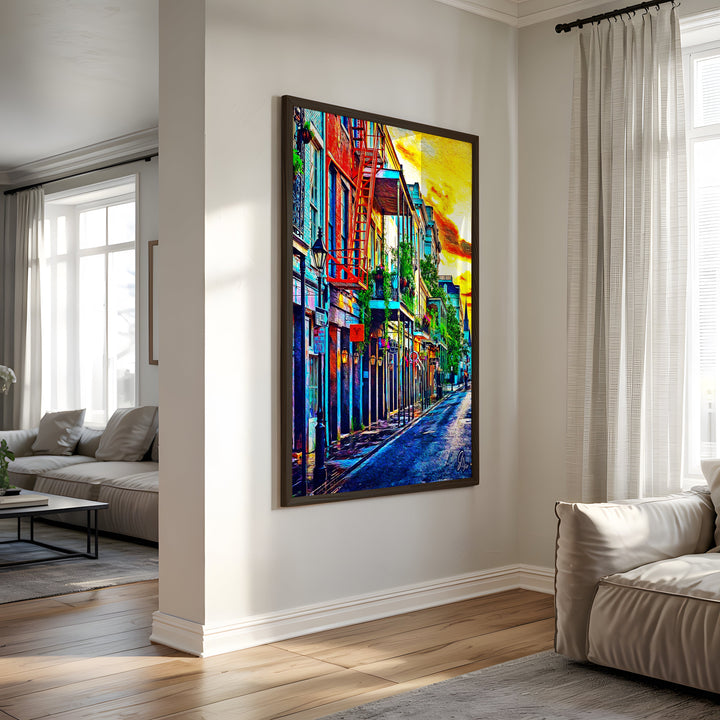 Sunset in the French Quarters New Orleans Wall Art Canvas Print Side View Black Frame