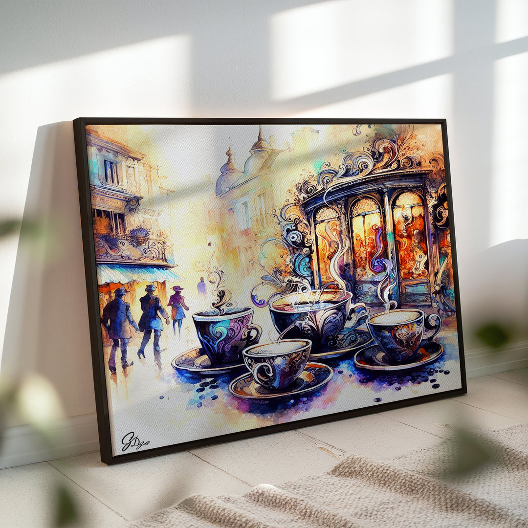 Tea Cups Series 2 Kitchen Wall Art Canvas Print Side View Black Floating Frame