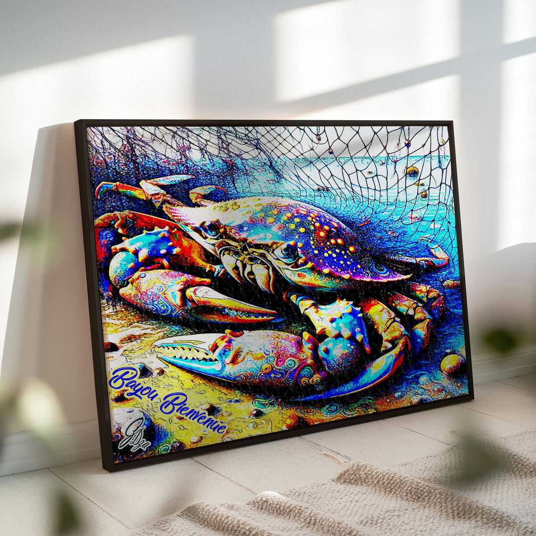 The Blue Crab Kitchen Wall Art Canvas Print Side View Black Floating Frame