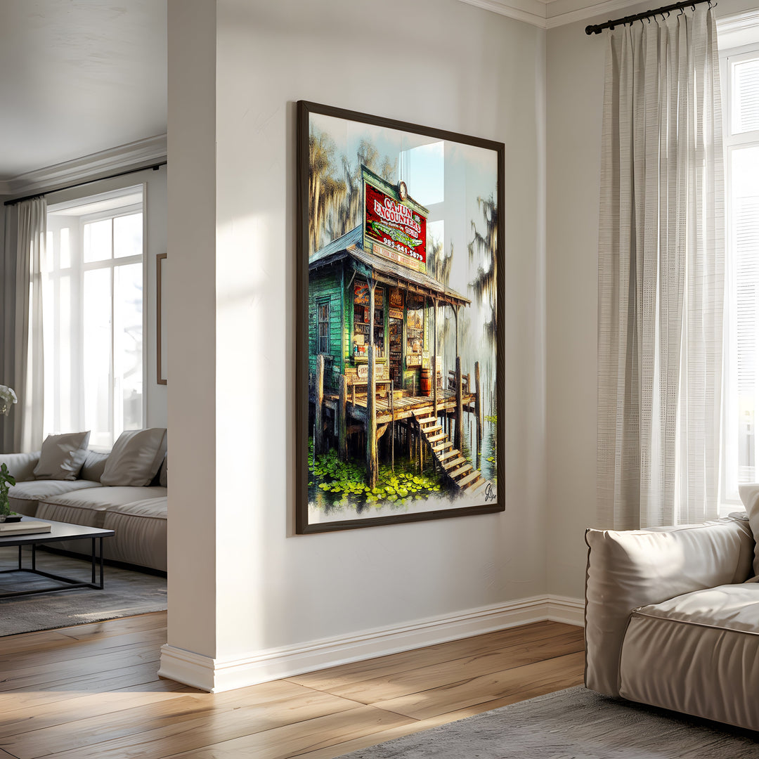 The Cajun Encounters Landscape Wall Art Canvas Print Side View Black Frame