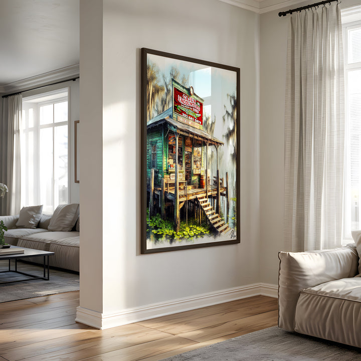 The Cajun Encounters Landscape Wall Art Canvas Print Side View Black Frame