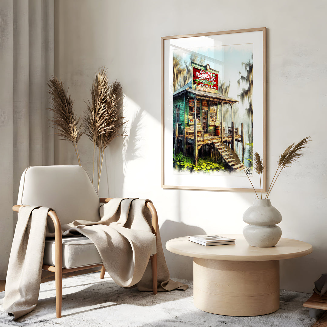 The Cajun Encounters Landscape Wall Art Canvas Print Side View Gold Frame