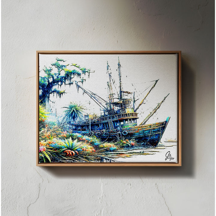 Shrimp Boat Morgan Nautical Wall Art Canvas Print Front View Floating Frame