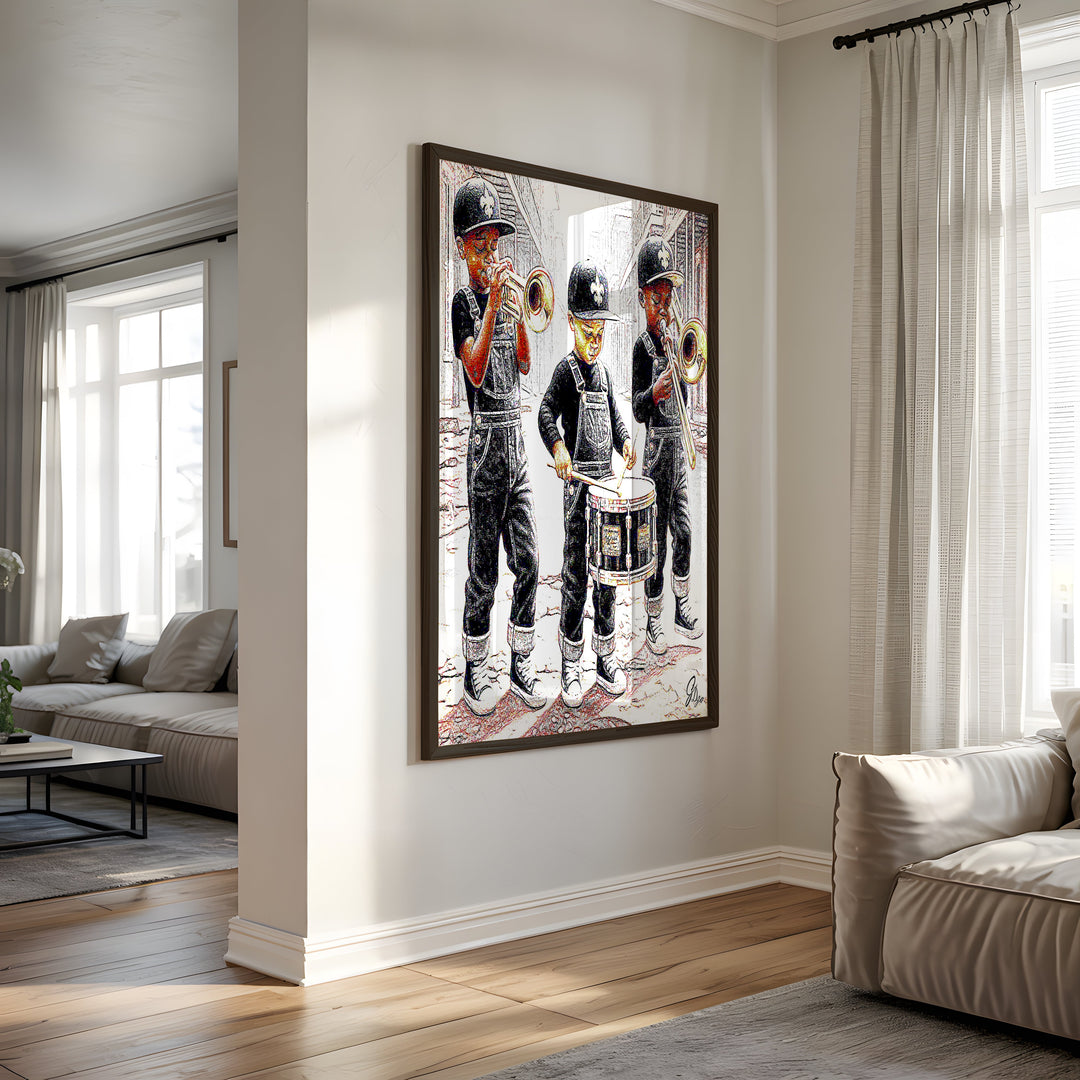 Three in the Easy New Orleans Wall Art Canvas Print Side View Black Frame