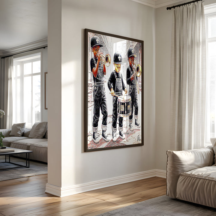 Three in the Easy New Orleans Wall Art Canvas Print Side View Black Frame
