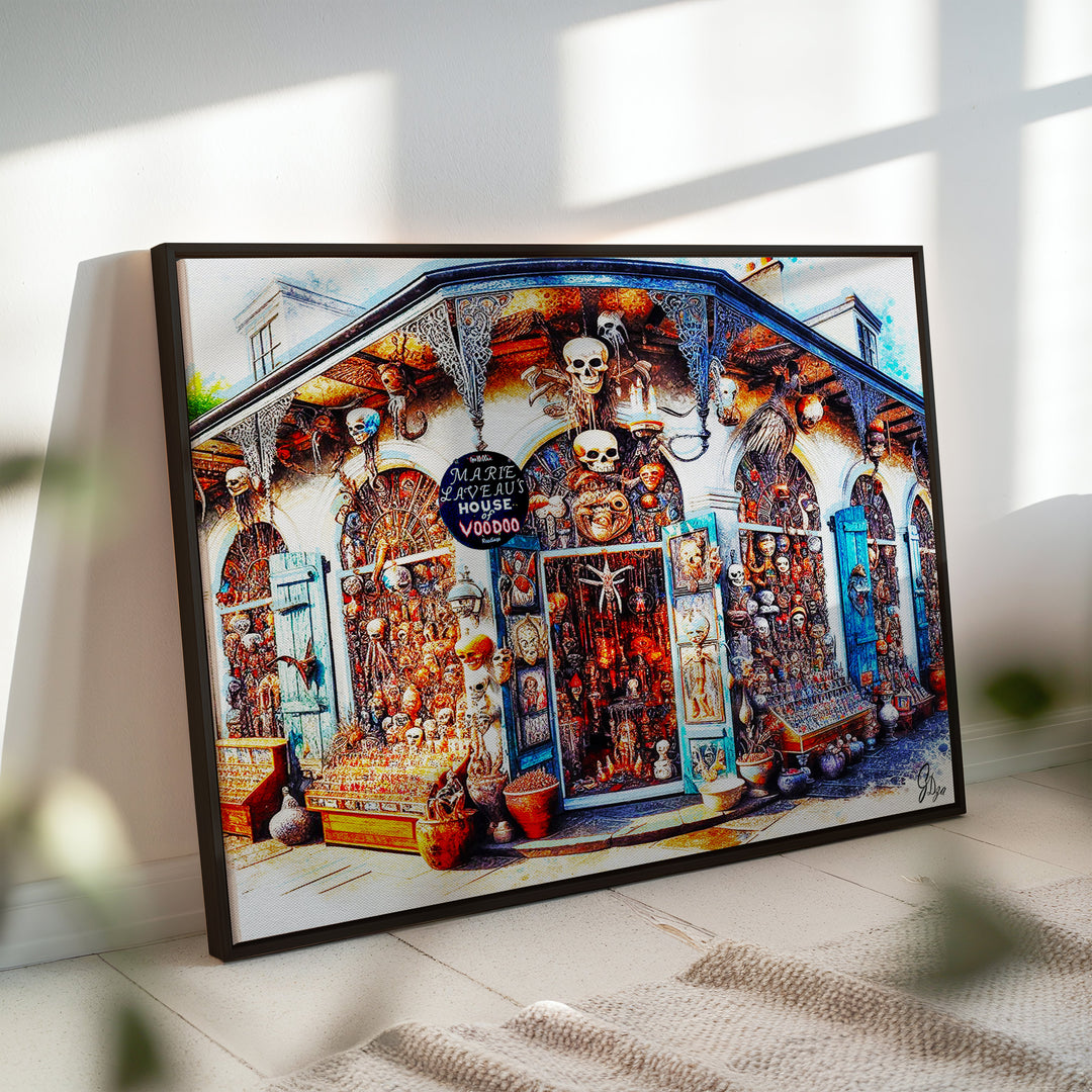 Voodoo Store New Orleans Wall Art Canvas Print Side View Black Floating Frame