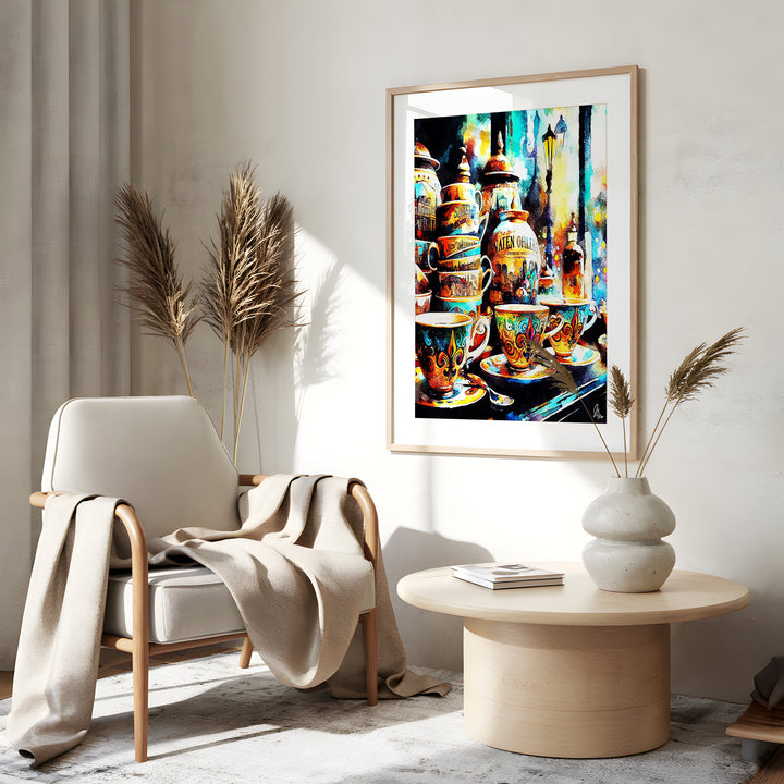 Yellow Tea Cups Kitchen Wall Art Canvas Print Side View Gold Frame